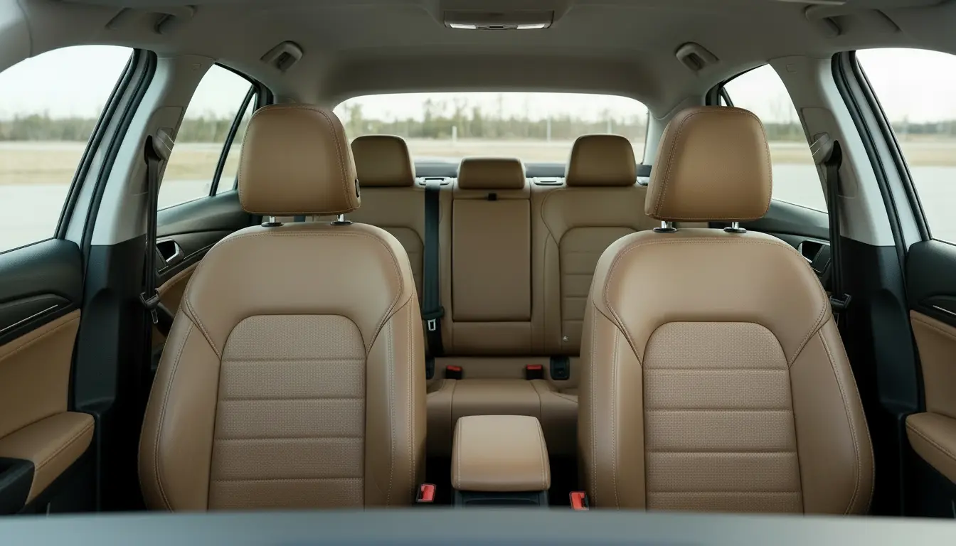 Interior do carro com revestimento em couro premium, mostrando bancos, painel, portas e detalhes de costura